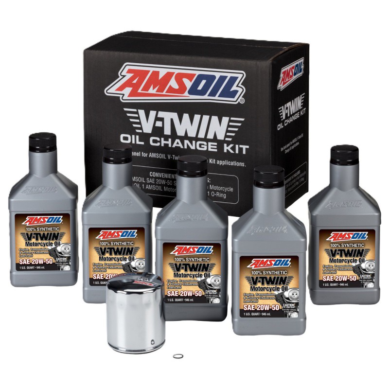 AMSOIL 20W-50 Syntetisk V-Twin Oljekit - 4,73L med krom filter